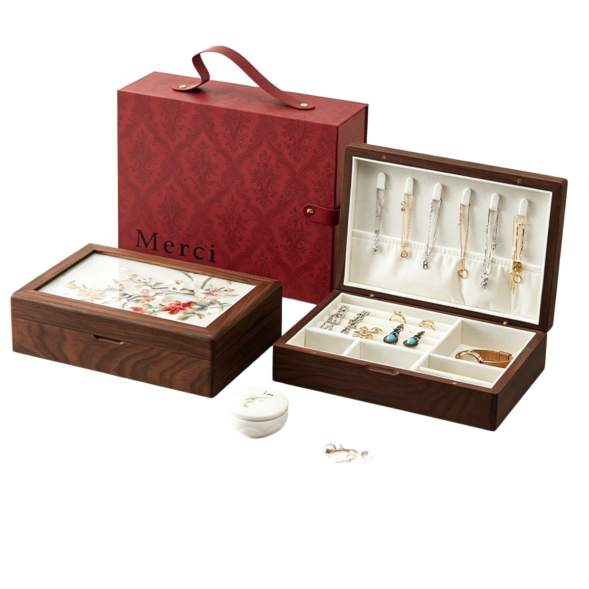 Peach Wood Floral Jewelry Box