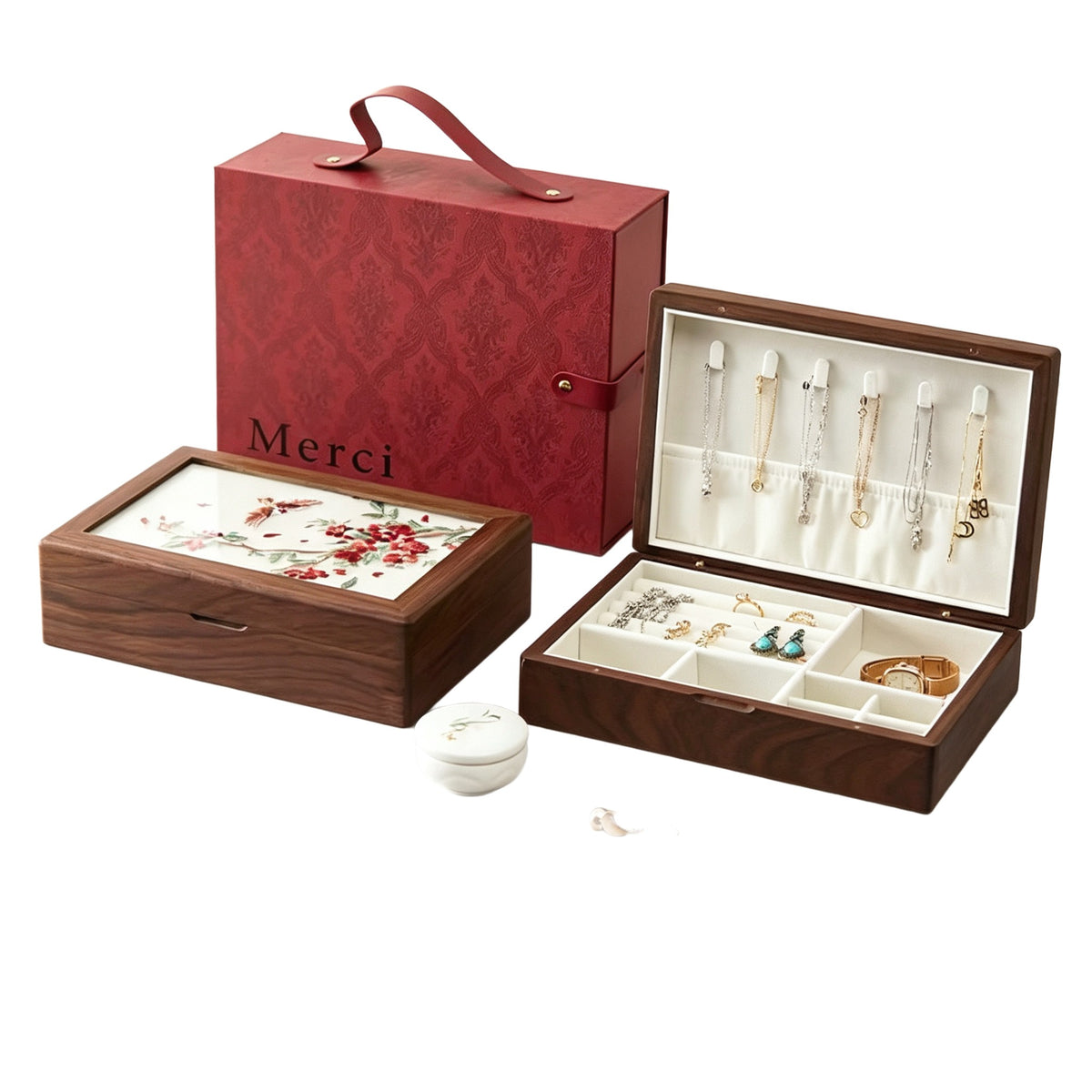 Peach Wood Floral Jewelry Box