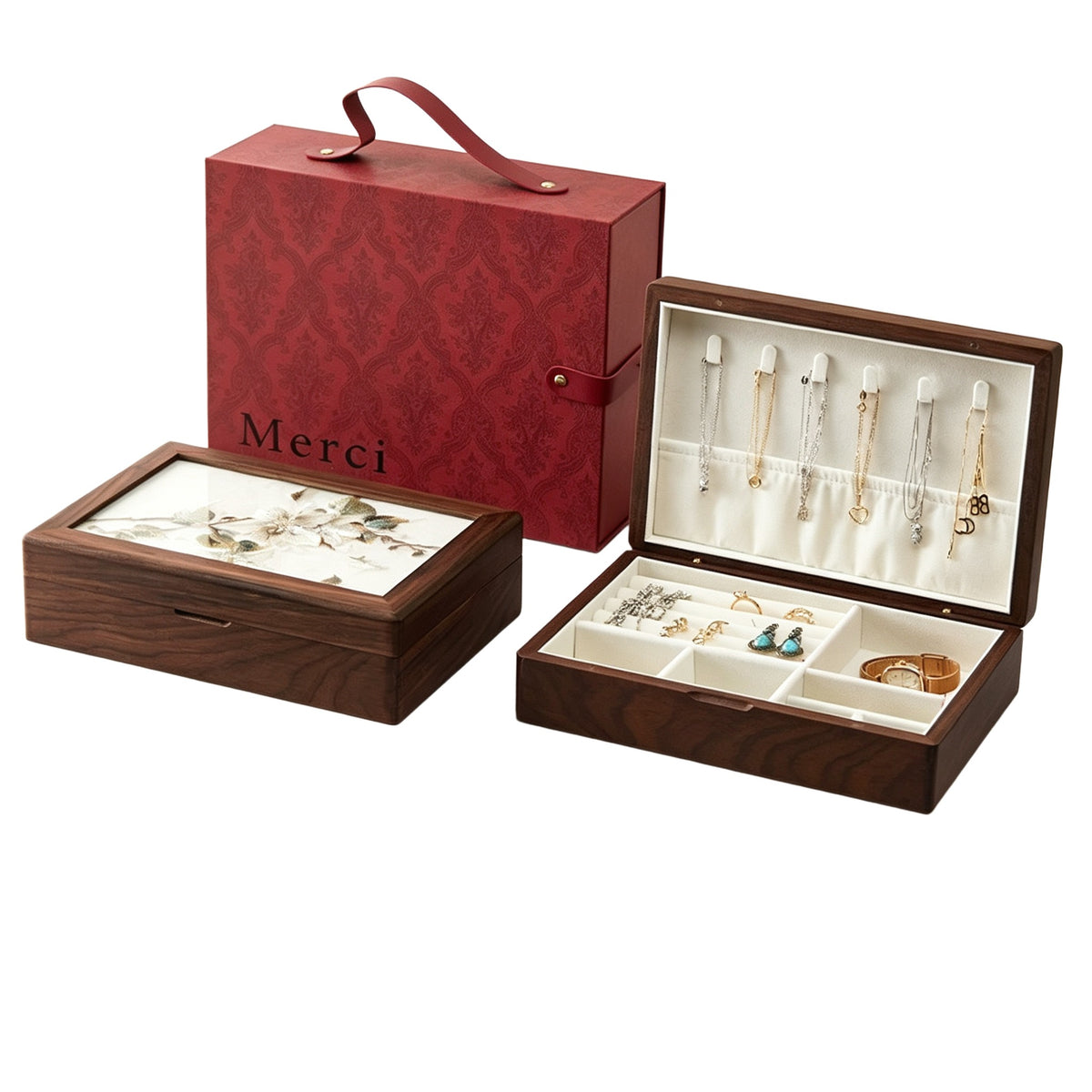 Peach Wood Floral Jewelry Box