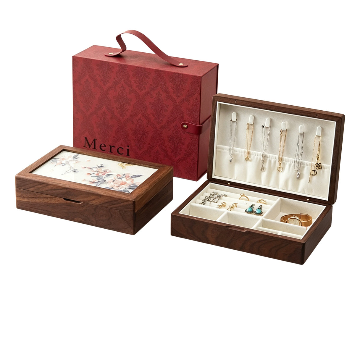 Peach Wood Floral Jewelry Box