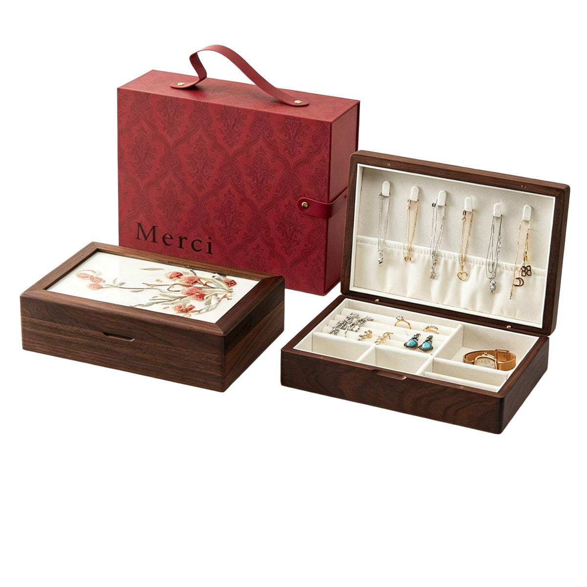 Peach Wood Floral Jewelry Box