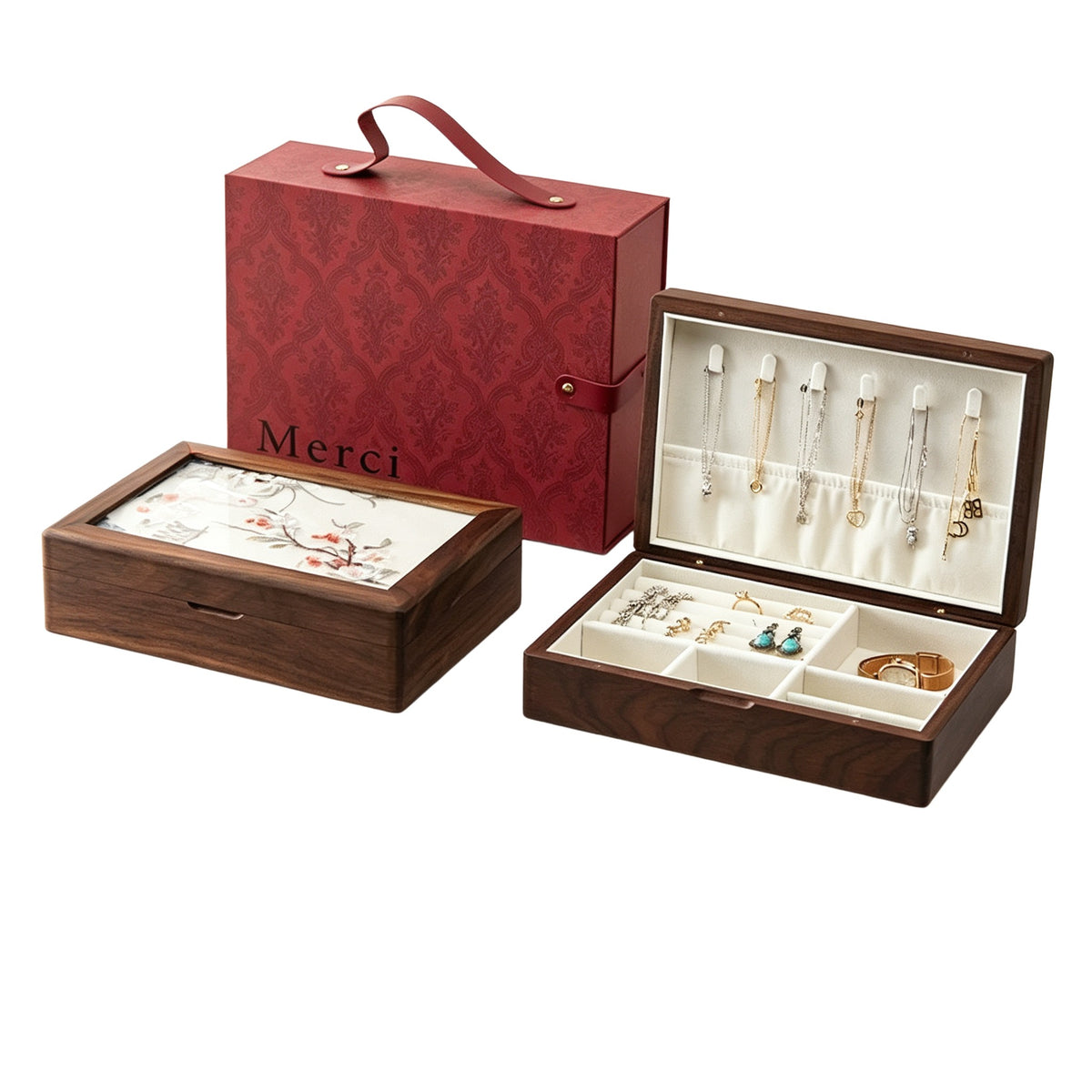 Peach Wood Floral Jewelry Box