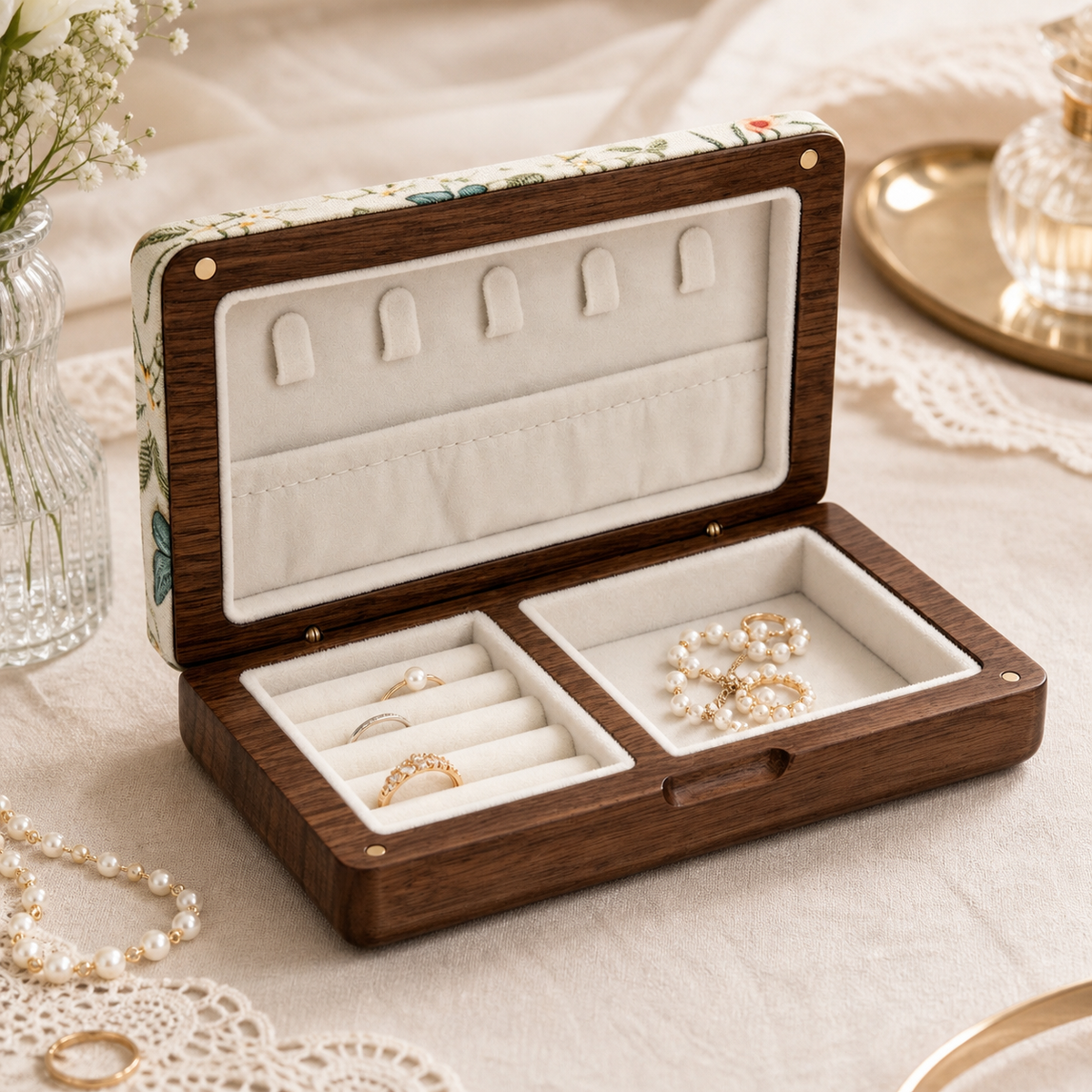 Rose Inlay Wood Jewelry Box